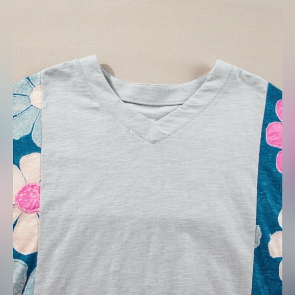 Floral V-Neck Women's Top - Green and Pink - Picture 9 of 15
